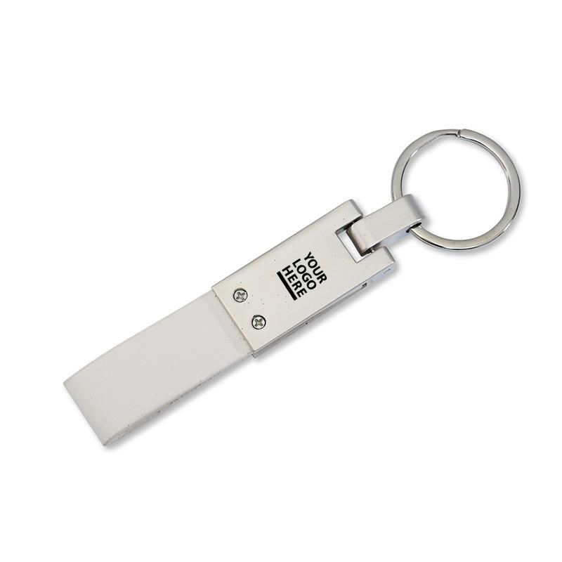 WHITE LEATHER STRAP RECTANGULAR METAL KEYCHAIN